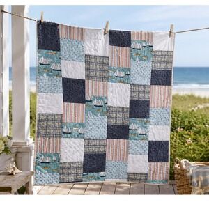 Handmade Nautical Sailboat Quilt Blue Coastal Patchwork 44x36